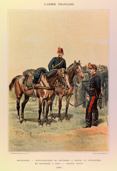 Typer och uniformer i den franska armén av kapten Jules Richard, illustrerad av Edouard Detaille (1848-1912): Artilleri: Underofficerare i batterier till häst och skyttar i batterier till fots i stor klädsel 1886, privat samling. av Jean-Baptiste Edouard Detaille