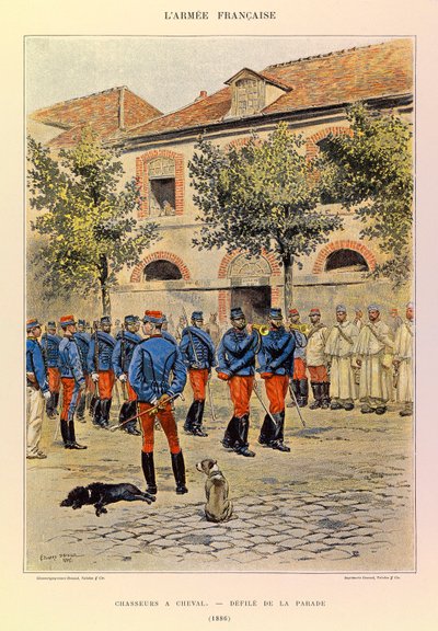 Typer och uniformer i den franska armén av kapten Jules Richard, illustrerad av Edouard Detaille (1848-1912): Hunter a Horseback; Defile de la parade en 1886, Collection Partiale av Jean-Baptiste Edouard Detaille