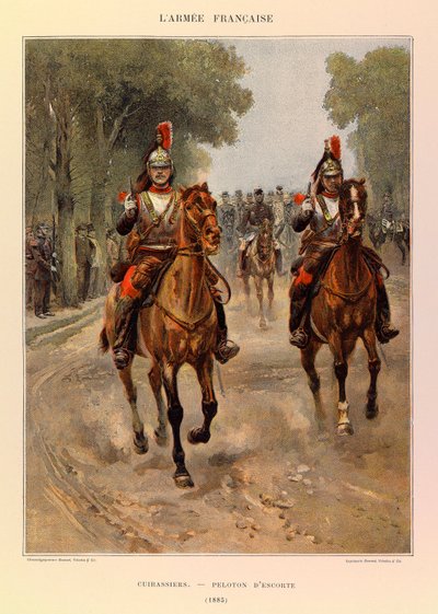 Typer och uniformer i den franska armén av kapten Jules Richard, illustrerad av Edouard Detaille (1848-1912): Cuirassiers: Eskortpluton 1885, privat samling. av Jean Baptiste Edouard Detaille