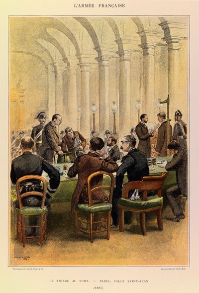 Typer och uniformer för kapten Jules Richards franska armé, illustrerad av Edouard Detaille (1848-1912): Dragningen i Paris, Salle Saint Jean 1887, privat samling av Jean-Baptiste Edouard Detaille