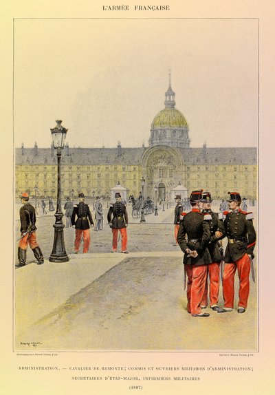 Typer och uniformer av kapten Jules Richards franska armé, illustrerad av Edouard Detaille (1848-1912): Administration: Ryttare, militärtjänsteman och administrativa arbetare, personalsekreterare, militärsjuksköterskor 1887, Privat samling av Jean-Baptiste Edouard Detaille