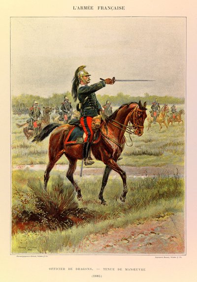 Typer och uniformer av kapten Jules Richards franska armé, illustrerad av Edouard Detaille (1848-1912): Drakofficer i manöverdräkt 1885, privat samling av Jean Baptiste Edouard Detaille
