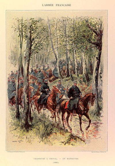 Typer och uniformer av kapten Jules Richards franska armé, illustrerad av Edouard Detaille (1848-1912): Hunters a horse in maneuver in 1885, Private Collection av Jean-Baptiste Edouard Detaille