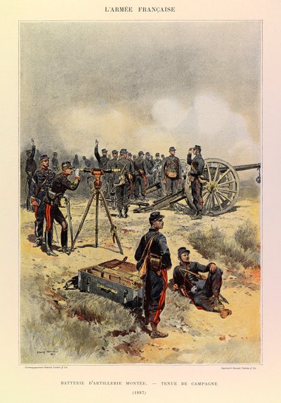 Typer och uniformer av kapten Jules Richards franska armé, illustrerad av Edouard Detaille (1848-1912): Artilleriets batteri monterat i fältuniform 1887, privat samling av Jean-Baptiste Edouard Detaille