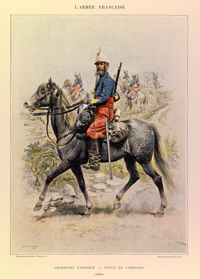 Typer och uniformer av kapten Jules Richards franska armé, illustrerad av Edouard Detaille (1848-1912): Afrikas jägare i lantklänning 1886, privat samling av Jean-Baptiste Edouard Detaille