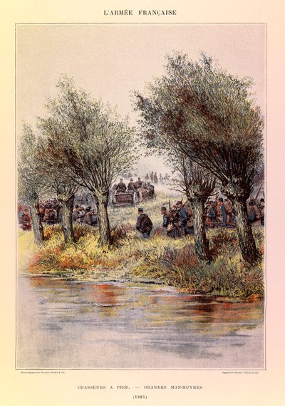 Typer och uniformer av kapten Jules Richards franska armé, illustrerad av Edouard Detaille (1848-1912): Jägare till fots; de stora manövrarna 1885, Privatsamling av Jean-Baptiste Edouard Detaille