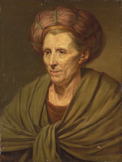 Porträtt av en kvinna, bystlång, med brun turban och grön sjal av Jean Baptiste Greuze