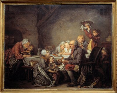 The Kings cake En familj som delar tårtan på trettondagsfesten. Målning av Jean Baptiste Greuze (1725-1805) 1774 Sön. 0,72x0,91 m Montpellier musee Fabre av Jean Baptiste Greuze