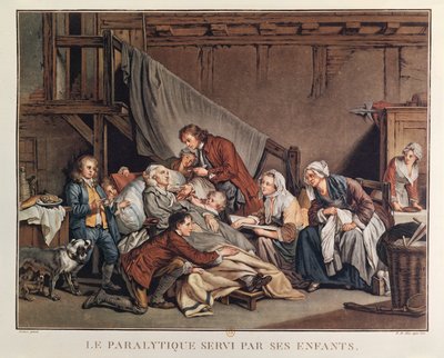 Den paralytiske mannen hjälpt av sina barn, graverad av Alix, ca 1800 av Jean Baptiste Greuze