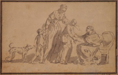 Två barn och mamma välkomnas av en gammal sköterska av Jean Baptiste Greuze