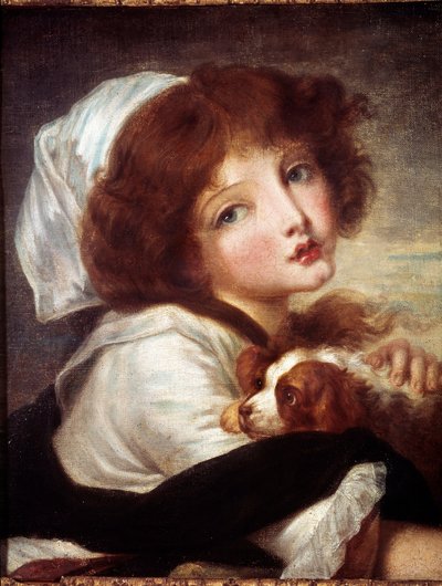 Ung flicka med liten hund Målning av Jean Baptiste Greuze (1725-1805) 1700-talets Paris, Musee Cognacq Jay. av Jean Baptiste Greuze