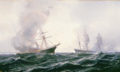 Ett fartyg i brand till sjöss, med ett annat stående vid sidan av av Jean Baptiste Henri Durand Brager