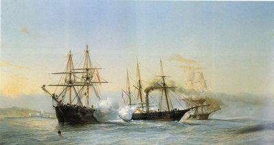 Sjöstrid framför den marockanska kusten mellan två marockanska brigger och en fransk hjulkorvett i samband med den franska eskaderns bombning av Mogador 1844. av Jean Baptiste Henri Durand Brager