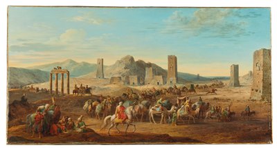 Två husvagnar vid ingången till dalen som leder till Palmyra av Jean Baptiste Hilair