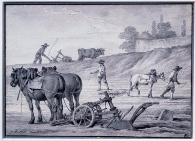 Jordbruk: plöjningsscen. Teckning av Jean Baptiste Huet (1745-1811) 1700-talets Paris, Louvren av Jean Baptiste Huet