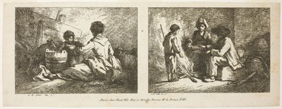 Barn med hund och får och bondefamilj vid en eld av Jean Baptiste Huet