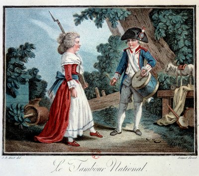 Franska revolutionen: "" Le tambour national"" Två små barn utklädd till revolutionärer. Litografi av Jean Baptiste Huet (1745-1811) 1700-talets Paris, dekorativ konst av Jean Baptiste Huet