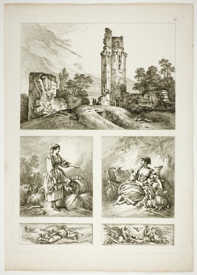 Tallrik sexton av 38 från Oeuvres de J. B. Huet av Jean Baptiste Huet