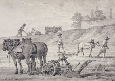 Plowing the Fields (penna och bläck och tvätt på papper) av Jean Baptiste Huet