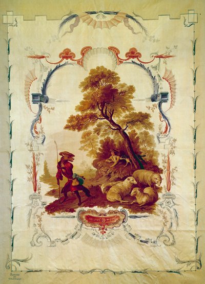 Vargen blev herde Illustration till fabeln av Jean de La Fontaine. Gobeläng av Jean Baptiste Huet (1745-1811) tillverkad av Beauvais tillverkare. 1700-tals Paris, nationella möbler. av Jean Baptiste Huet