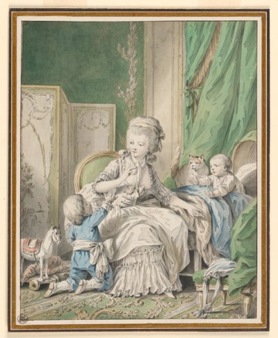 Teckning, Mor och två barn i en boudoir, möjligen 1782 av Jean Baptiste Huet