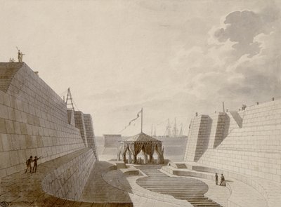 Torrdocka i Cherbourg, juli 1813 (penna, bläck och wc på papper) av Jean Baptiste Isabey