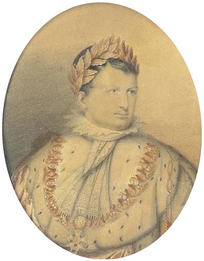 Porträtt av Napoleon. Penna och akvarell, 14 x 10,5 cm (oval) av Jean Baptiste Isabey