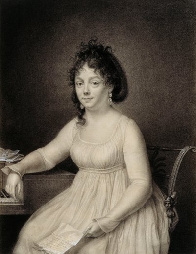 En sittande dam, tre fjärdedels lång, förmodligen en medlem av konstnärens familj som håller ett brev i sin vänstra hand och vilar sin högra arm på sidan av ett piano, 1820 av Jean Baptiste Jacques Augustin