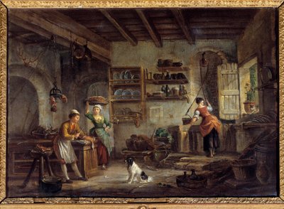 En köksinredning Kockar och hembiträden förbereder sin herres måltider. Målning av Jean Baptiste Lallemant (1710-1803) 1700-talets Bourg en bresse, Musee de Brou av Jean Baptiste Lallemand