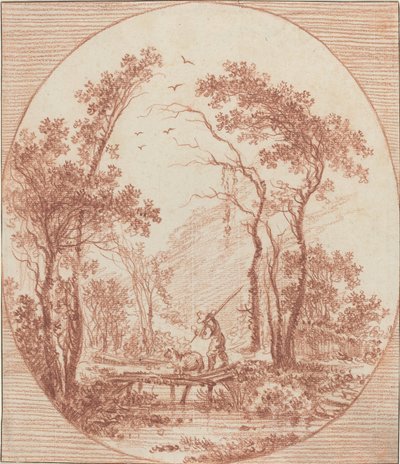 En bonde och ett får som korsar en rustik bro av Jean Baptiste Le Prince