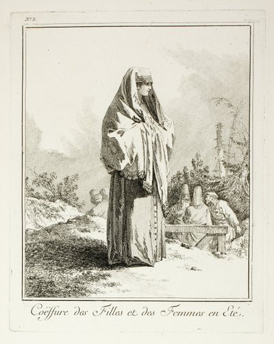 Huvudbonad för tjejer och kvinnor på sommaren, tallrik tre från Divers Habillements des Peuples du Nord av Jean Baptiste Le Prince