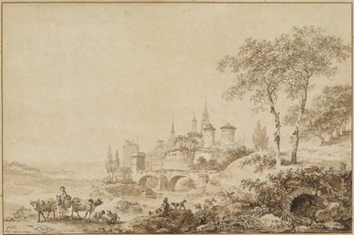 Herdar i ett landskap före en befäst stad av Jean Baptiste Le Prince