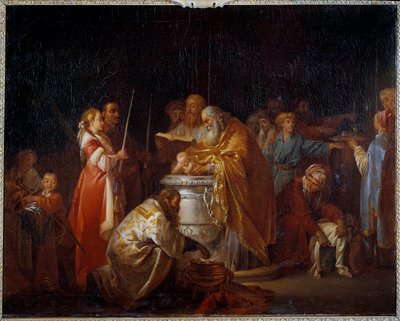 Ryskt dop En ortodox påve döper ett barn inför sina föräldrar. Målning av Jean Baptiste Leprince (1733-1781) 1765 sön. 0,73x0,92 m av Jean Baptiste Leprince