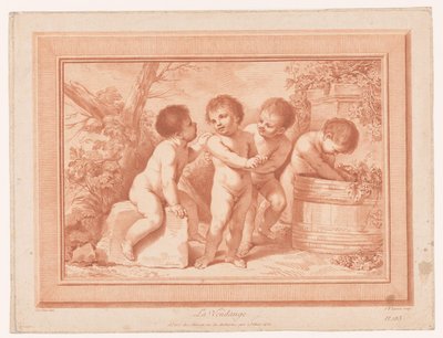 Fyra putti vid en vinfat La Vendange (titel på objekt) av Jean Baptiste Lucien