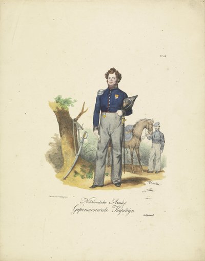 Pensionerad kapten, 1820-1825 Nederlandsche Armée, Pensionerad Kapiteyn (titel på objekt) Militära dräkter av kungariket Nederländerna. Tillägnad Hans Excellence Willem van Bylandt (serietitel på objekt) av Jean Baptiste Madou