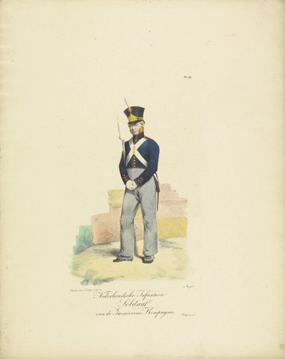 Soldatgarnisonskompani, 1820-1825 Holländsk infanterisoldat från Garnisonskompaniet (titel på objekt) Militära dräkter av kungariket Nederländerna. Tillägnad Hans Excellence Willem van Bylandt (serietitel på objekt) av Jean Baptiste Madou