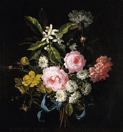 Bukett av kamomill, rosor, apelsinblommor och nejlikor bundna med ett blått band av Jean Baptiste Monnoyer