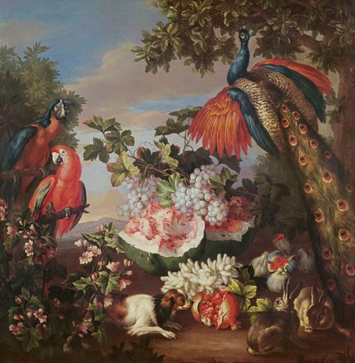 Frukt och exotiska fåglar i ett landskap av Jean Baptiste Monnoyer