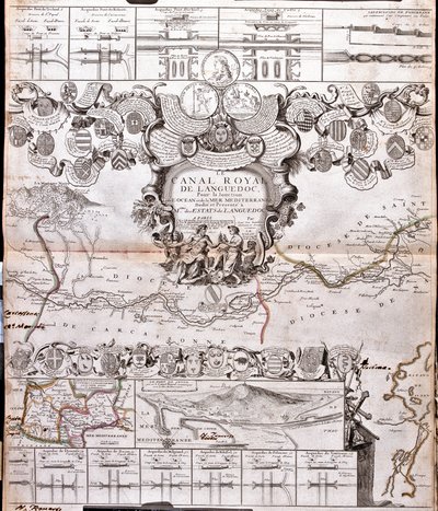 Karta över Canal du Midi, med dess akvedukter (gravyr av Jean Baptiste Nolin