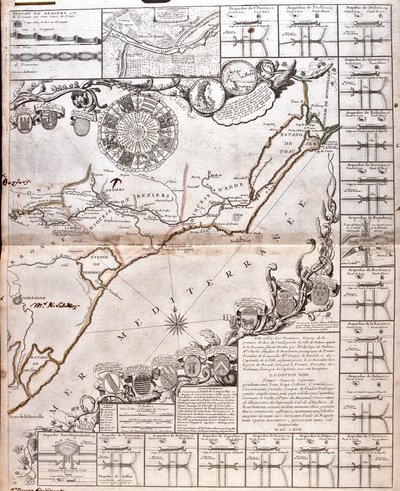 Karta över Canal du Midi, med dess akvedukter (gravyr av Jean Baptiste Nolin