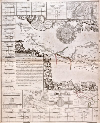 Karta över Canal du Midi, med dess akvedukter (gravyr av Jean Baptiste Nolin