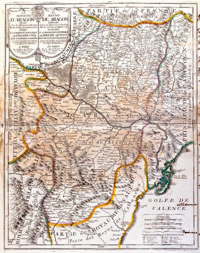 Karta över kungariket Aragon (Spanien) (gravyr av Jean Baptiste Nolin