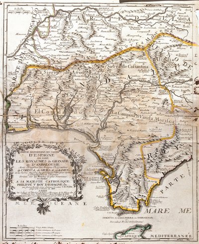 Karta över kungadömena Granada och Andalusien (Spanien) (Gravering av Jean Baptiste Nolin