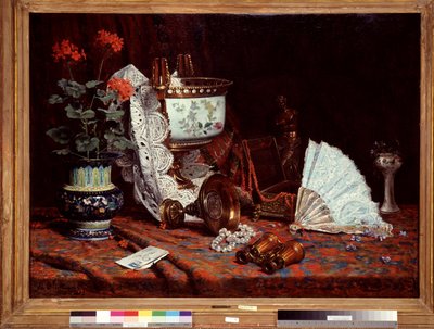 Stilleben har fläktbordet täckt med en vas, kruka med pelargoner, kikare. Målning av Jean Baptiste Olive (1848-1936) 1900-talets sön. 85x115 cm Obligatoriskt omnämnande: Collection fondation regards de provence, Marseille av Jean Baptiste Olive