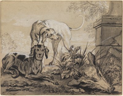 Nach der Jagd: Zwei Hunde neben einem Wildschweinkopf von Jean-Baptiste Oudry