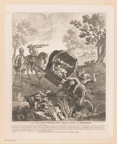 Bärvagn med hästar faller i vattnet La Rancune en stretcher abbatu dans le bourbier (titel på objekt) Scener från Scarrons Roman Comique (serietitel) av Jean Baptiste Oudry