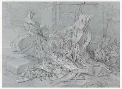 Teckning, Stilleben med fisk och papegoja, 1740 av Jean Baptiste Oudry