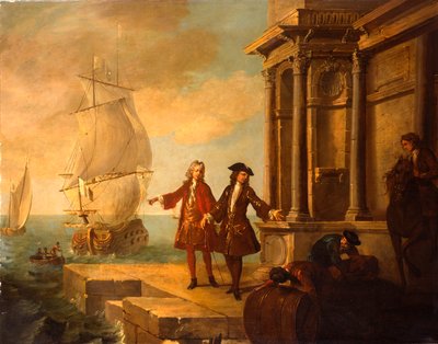Europa - Europeiska köpmän med stuvare som hanterar en tunna och en bal på en kaj, 1724 av Jean Baptiste Oudry