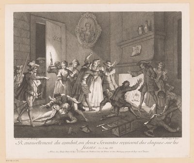 Interiör med grupp vechtende människor Förnyelse av kampen där två tjänare får smällar på baken (titel på objekt) Scener från Roman Comique van Scarron (serietitel) av Jean Baptiste Oudry