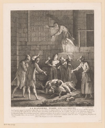 Man valt bovenop en geit La Rapinière faller på geten (titel på objektet) Scener från Roman Comique van Scarron (serietitel) av Jean Baptiste Oudry